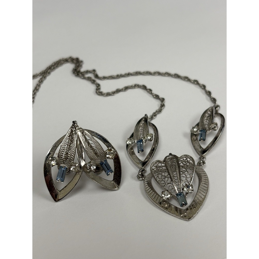 Vintage Carl Art Sterling Silver 925 Blue Crystal Necklace & Clip Earrings Retro